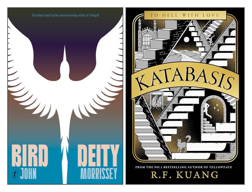 The covers of two books, Bird Deity by John Morrissey and Katabasis by R. F. Kuang