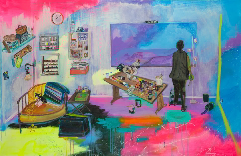 a painted scene of a painter in front of a blank canvas with a table full of paints, a rooster and two dogs on a chair
