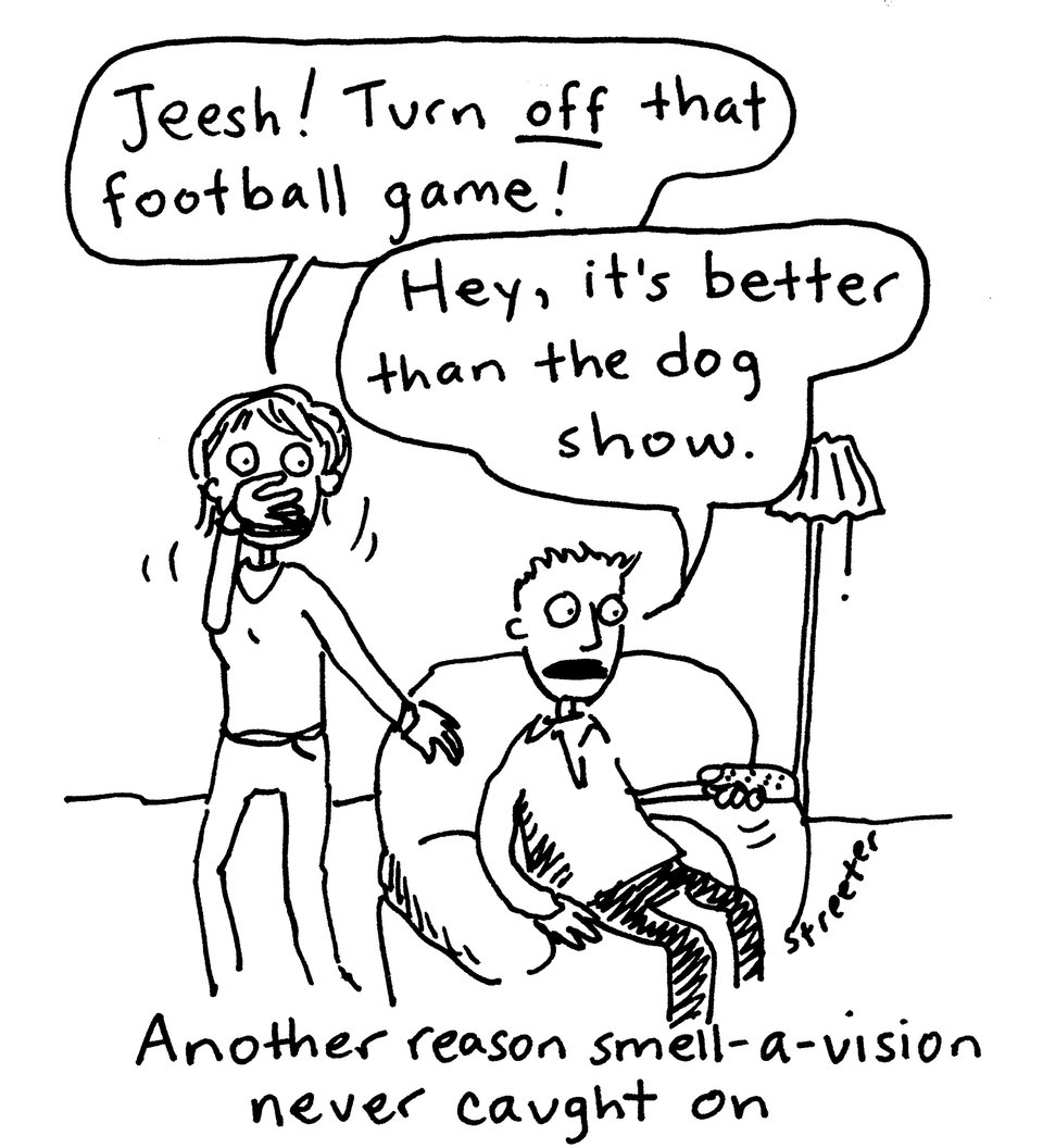 Cartoon about problems with smell-a-vision
