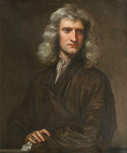 An old-fashioned painting of Isaac Newton. He has a large plume of white hair and is wearing a thick brown shirt, and is looking off to the right