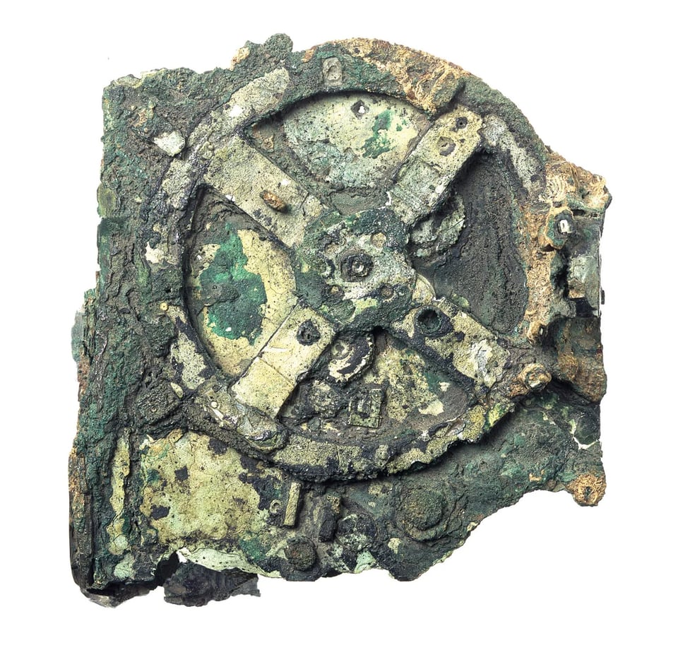 Main drive wheel of the Antikythera mechanism, as seen in a photograph of its present state. 2005 National Archaeological Museum in Athens