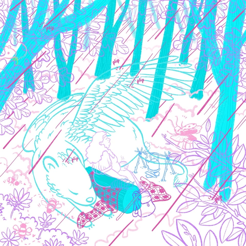 A square, cyan, pink, and purple illustration in progress in its inking stage. The original sketch’s transparency has been decreased, and purple lines form the refined illustration in the foreground of the leaves. The original sketch: A rainy day in a forest. In the center, a fat, disabled person with long, wavy hair and pointy ears like an elf’s sits peacefully on a log, smiling with their eyes closed as if enjoying the moment. Next to them sits a large rolly polly. Behind them, a large griffin lies dozing on the ground. They have one wing lifted up to shield the other two from the rain like an umbrella. It feels like a peaceful scene.