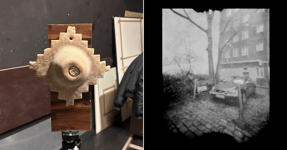 On the left, what looks like a piece of ravioli, quite dry, affixed to a piece of wood. On the right, a ghostly picture of a car in a brick driveway, all black and white and old-fashioned looking