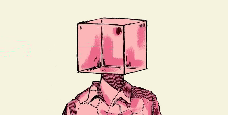 close-up on the character in the middle, with his big cube head