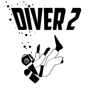 A black and white drawing of a diver sinking under the logo "Diver 2."