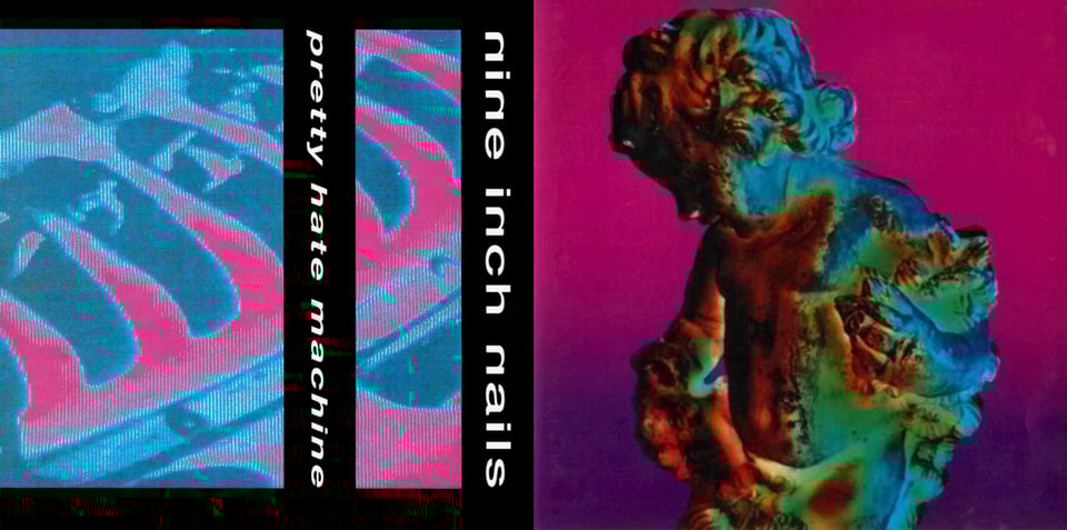 First pic: A digitized photgraph of some kind of machinery. It kinda looks like "Predator Vision" but the colors are blue and pink. It could be the wheelwell of a motorcycle? Maybe an engine? A close up of an indoor fan? No idea.  Second pic: A color photo of a statue, some kind of cherubic figure, holding some kind of plants, leaves, I think. The lighting on it colors it from dark red to green to blue. The upper part of the background is dark pink, and that turns into dark purple by the bottom.
