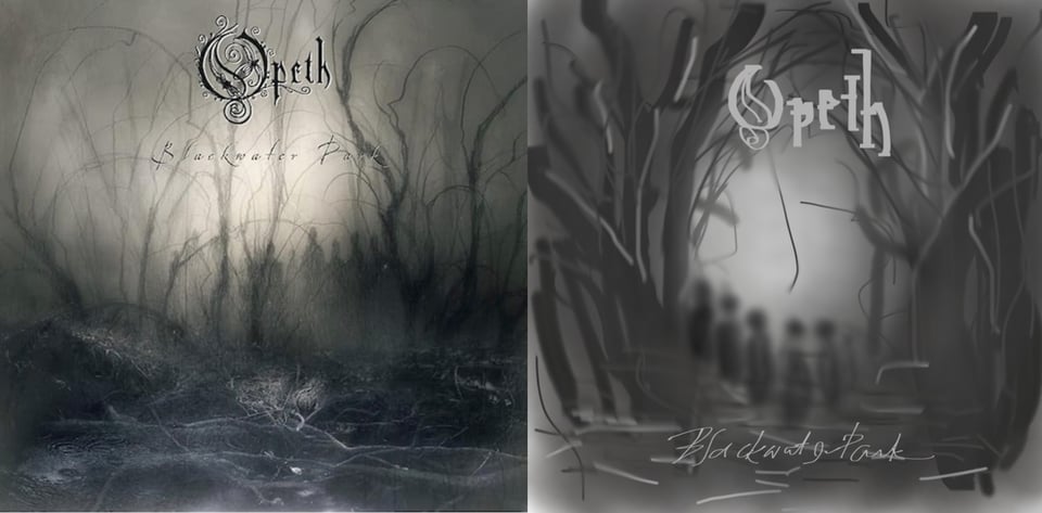 A creepy painting of a what looks like a bog in the middle of a leafless wood. There's a mist or fog in the trees, but also a strong light coming through from beyond it -- the sun? something else? What's worse are the shadowy ghost-like figures looming just behind the trees.