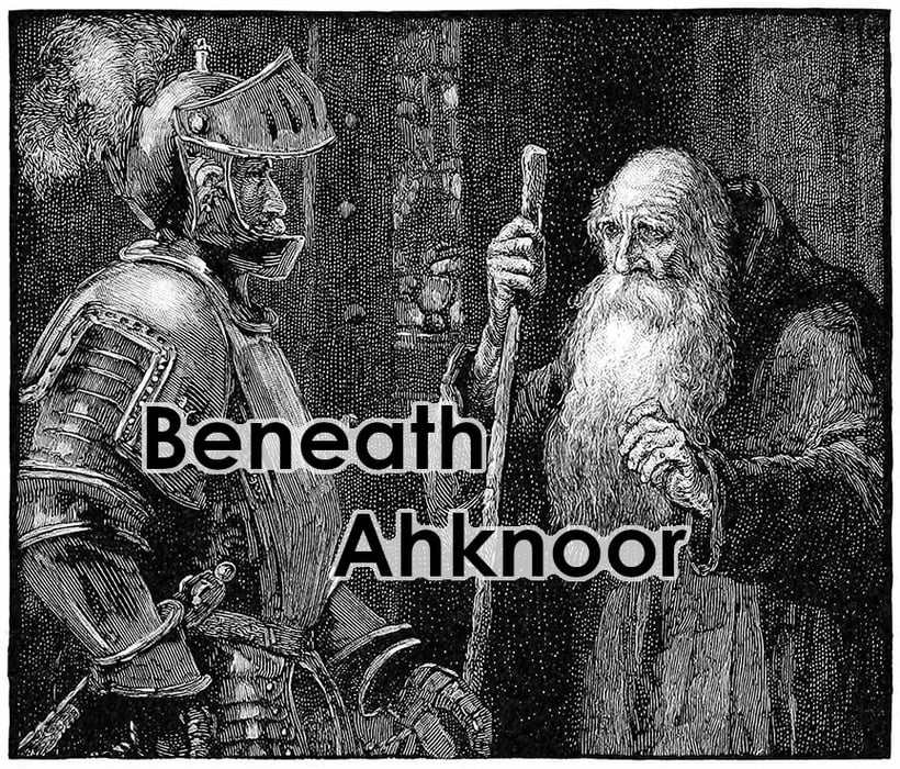 The Beneath Ahknoor cover image - a warrior and a wizard are talking to each other in a dungeon setting.