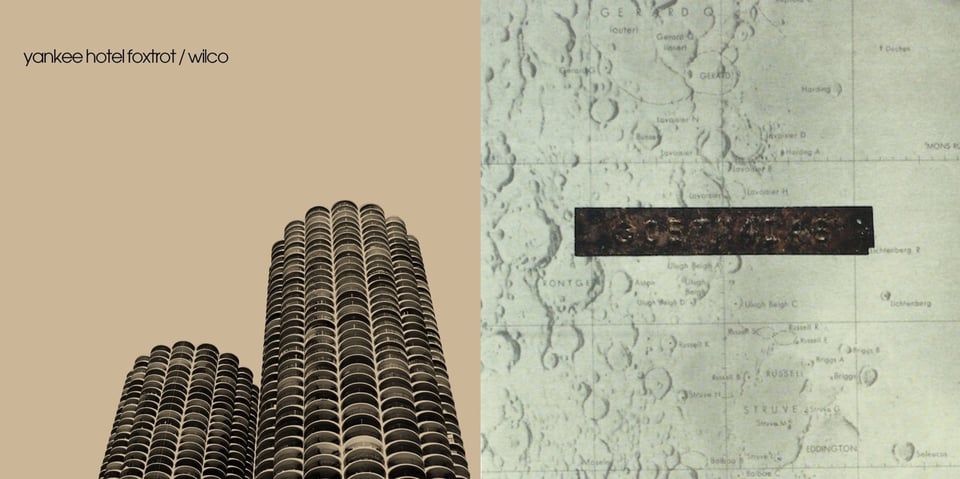 First pic: A low angle photograph, tinted beige-brown, of the two towers of the Marina Complex building in Chicago. It is unsual-lookingin that every level consists of disc or clam-shaped balconies, just hundreds of them stacked on top of each other.  Second pic: A drawn map of some kind of mountainous territory, with longitude and lattitude lines -- it could be the moon? There is a thin rectangular piece of rusted metal placed in the middle. Stamped on the metal are a series of numbers.