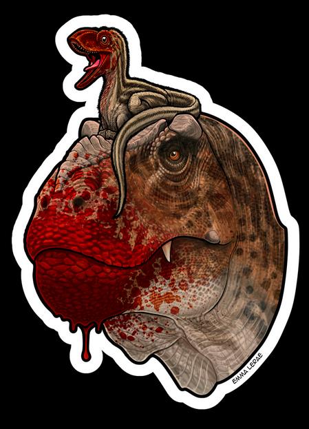 The sticker for Tyrant Lizard Queen showing Snaggletooth with a bloody snout and a baby rex on her head, chirping.
