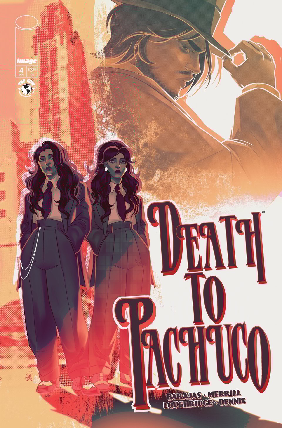 death to pachuco #4 cover art by sweeney boo. text: BARAJAS MERRILL LOUGHRIDGE DENNIS