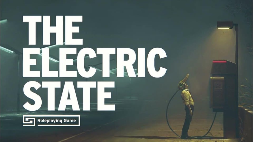 A man stands underneath a street light, plugged into a Neurocaster, a device to enter a virtual reality. The words The Electric State Roleplaying Game take up the entire left hand of this atmospheric image.