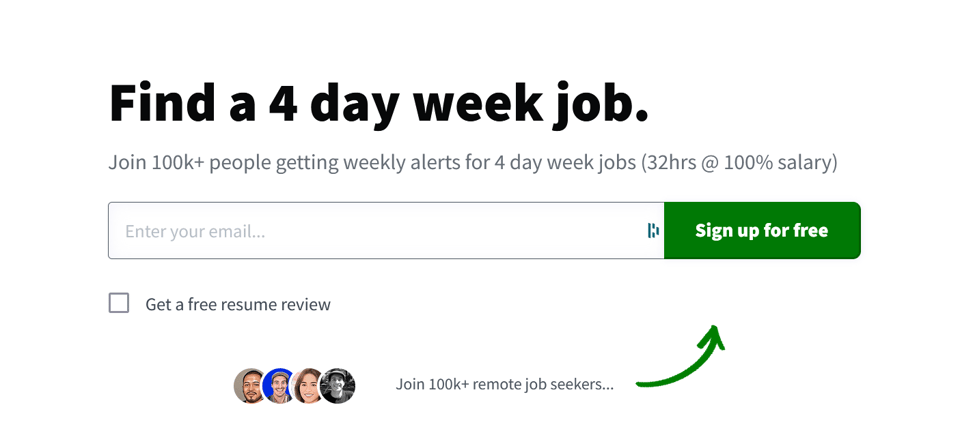 A screenshot of the 4dayweek.io homepage, inviting you to join over 100k+ other remote job seekers by signing up for the newsletter (which is free!)