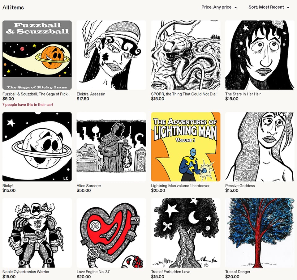 A screenshot of my Etsy shop at present. Twelve items are on sale, 10 pieces of original art and two comic books. The original art includes trees, Ricky Imes, a robot, and mysterious ladies.