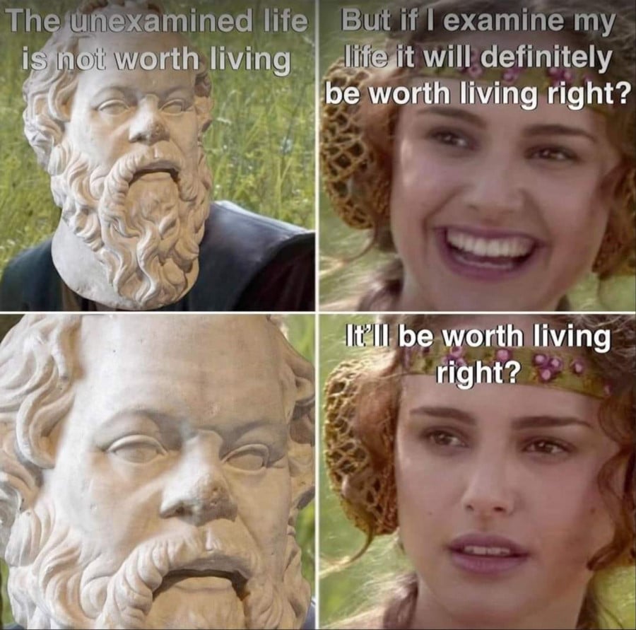 Annakin and Padme meme format, but Annakin has been replaced by a bust of some Greek philosopher (I'm not a classics major, alright). Panel 1. Greek guy: The unexamined life is not worth living. Panel 2. Padme, smiling: But if I examine my life it will definitely be worth living, right? Panel 3: Close-up on Greek guy. Panel 4. Padme, no longer smiling: It'll be worth living, right?