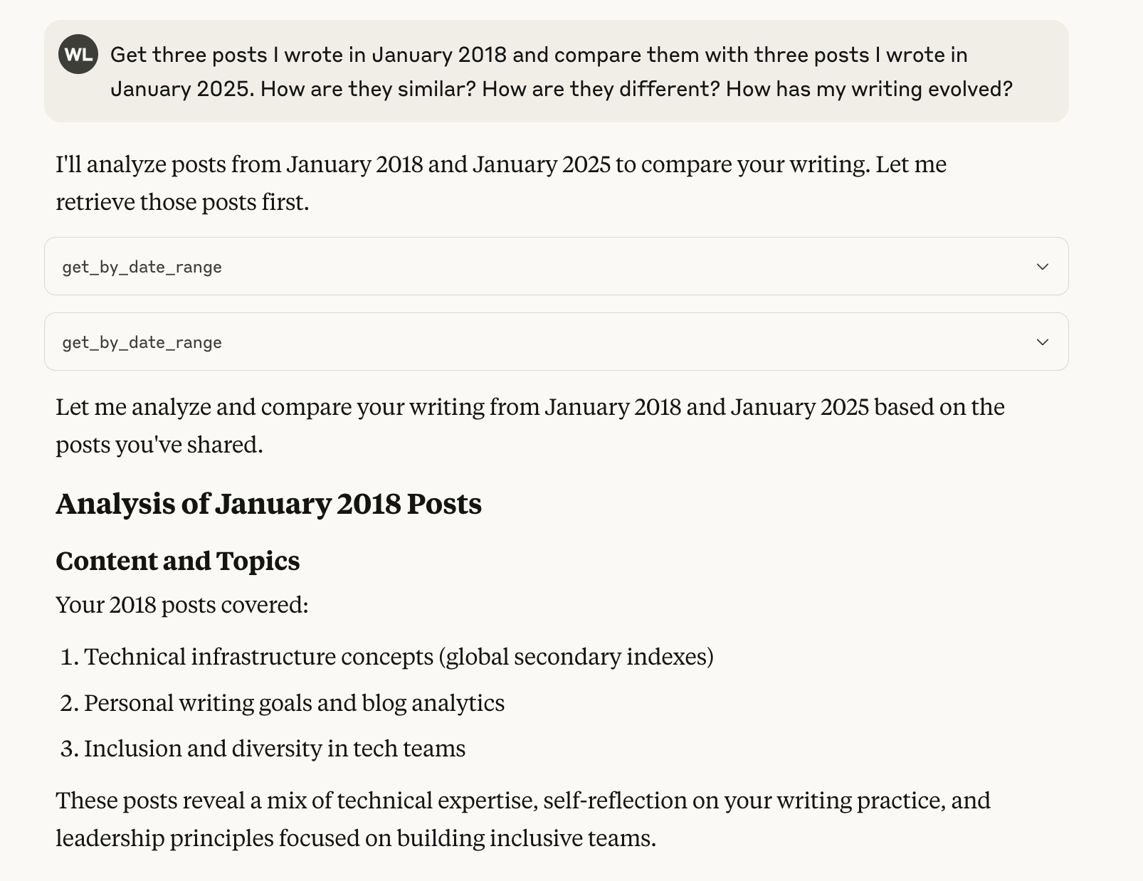 The image shows a request to compare blog posts from January 2018 and January 2025, with a focus on how writing has evolved. The analysis highlights three main topics from the 2018 posts: technical infrastructure concepts, personal writing goals, and diversity in tech teams.