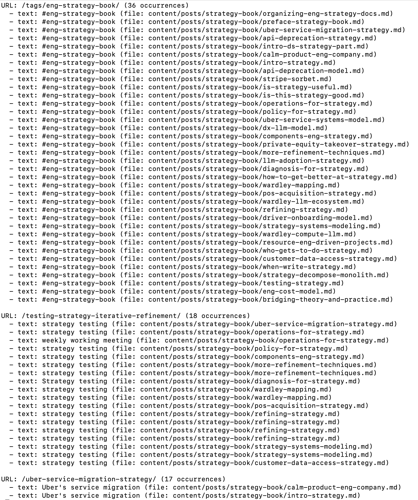 Second format of output from script extracting links, this time grouping by link instead of file