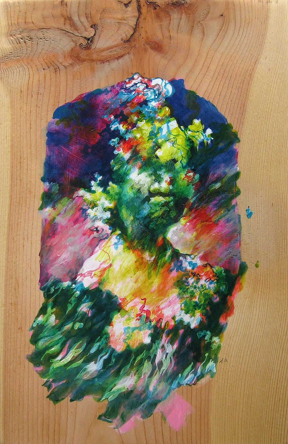 Acrylic painting on found wood panel. The abstract figure is vaguely feminine, rendered in yellows and greens with a blue and purple background.