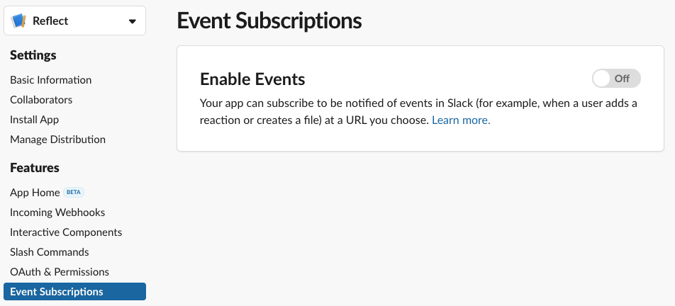 Enable Events screen in Slack