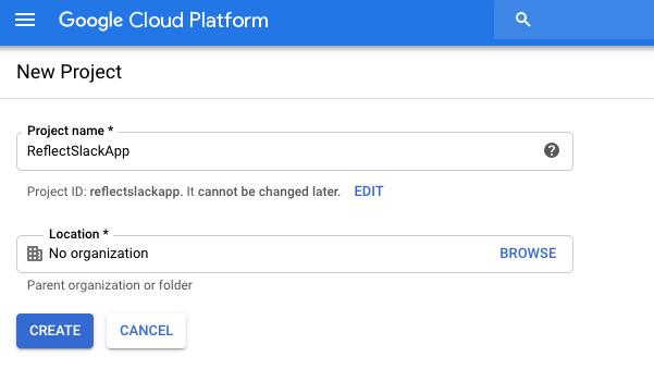 Creating a new GCP project named ReflectSlackApp