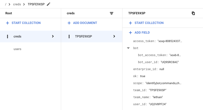 See Slack OAuth data in Firestore