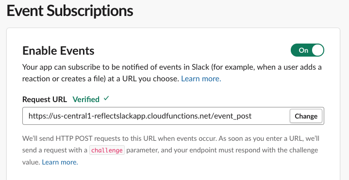 Register request url for Slack Event Subscription
