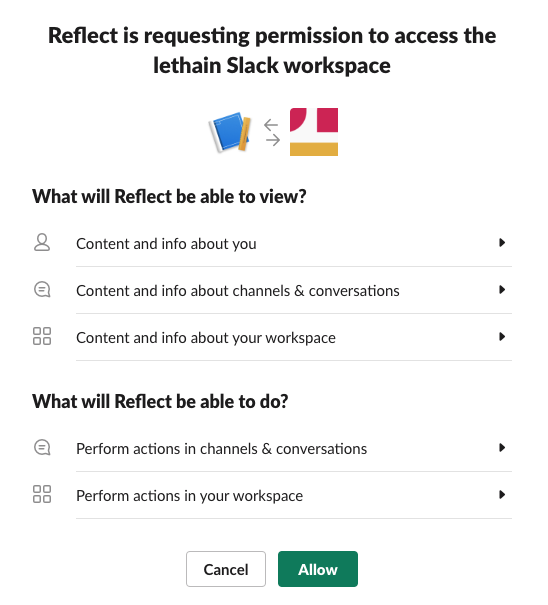 Slack grant permissions for Reflect app page