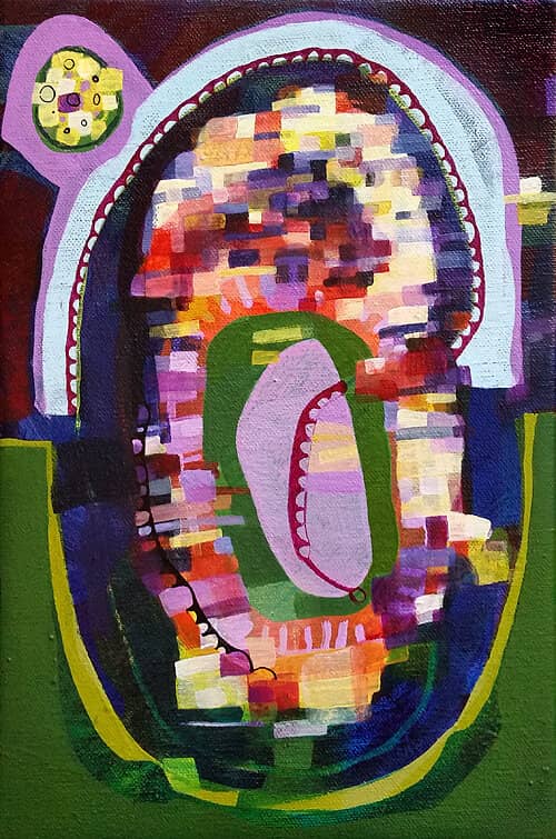 Abstract painting with an oval shape in the middle. Colors include purples, greens, oranges, yellows, and dark blue.