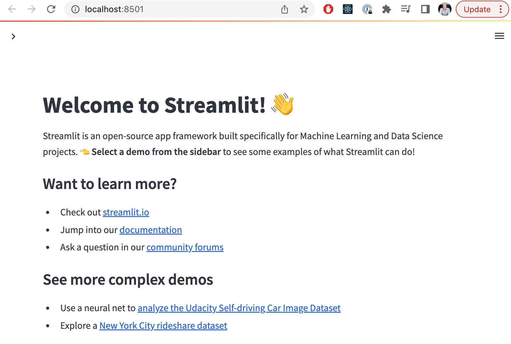 Hello world page from Steamlit library.