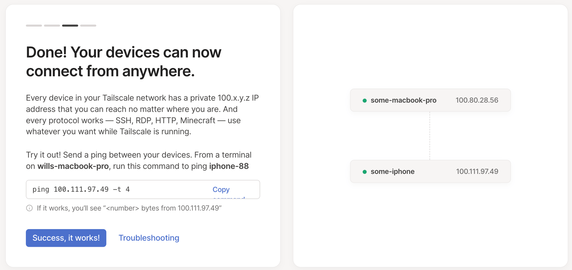Screenshot of Tailscale UI prompting me to ping phone from computer